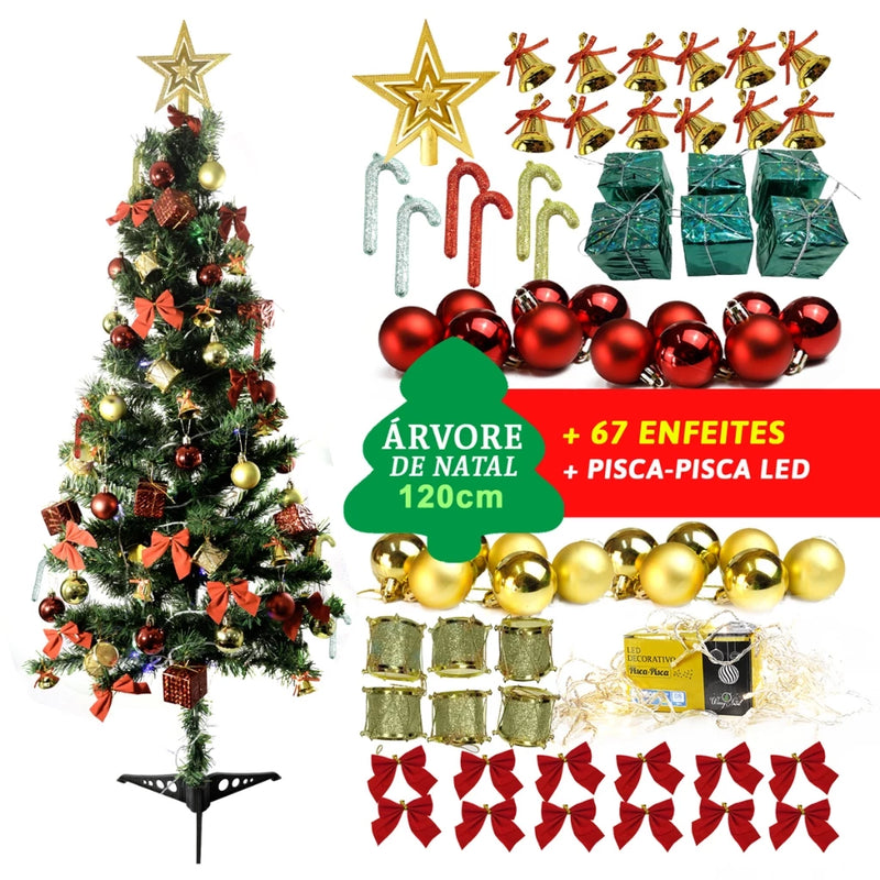 Árvore de Natal Decorada Completa Enfeitada - 120CM - 110 Galhos com 67 Enfeites + Pisca Pisca Led